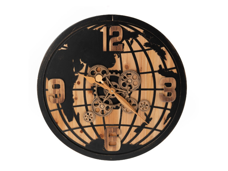 Horloge monde en bois et métal 65cm - Pujol maison
